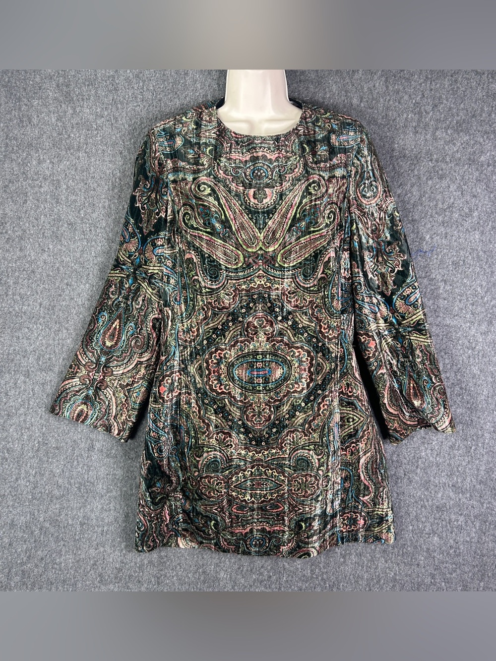Zara Dress Womens XL Multicolor Paisley Velvet Shift Mini Boho